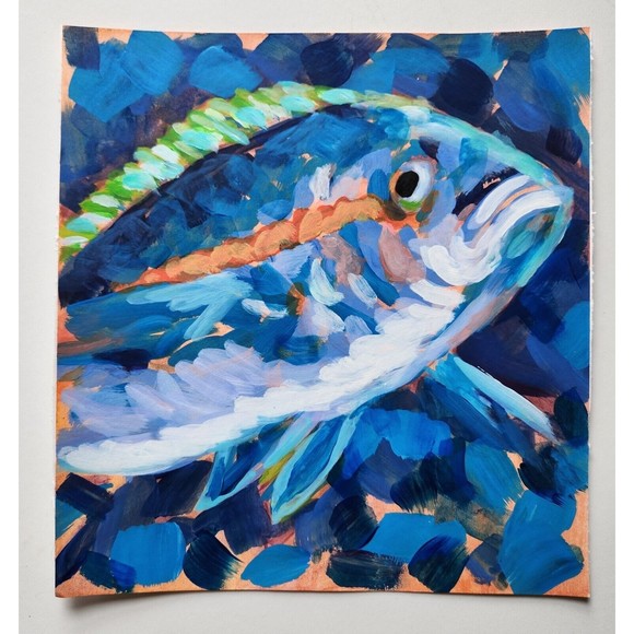 Fish Acrylic Original Painting 9x12 Handmade Paper - Picture 2 of 5